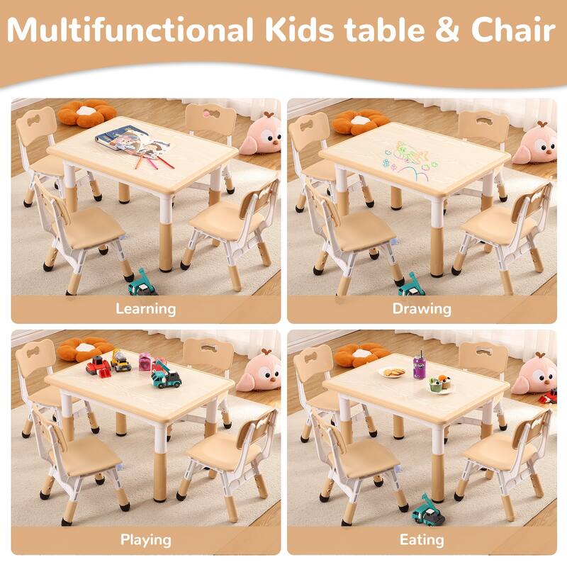 Kids Table and Chairs Set, Height Adjustable Desk With 4 Seats