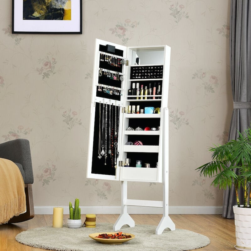 LED-Lighted Standing Jewelry Armoire Storage Cabinet with Full Length Mirror - 14" x 12.5" x 57" (L x W x H)
