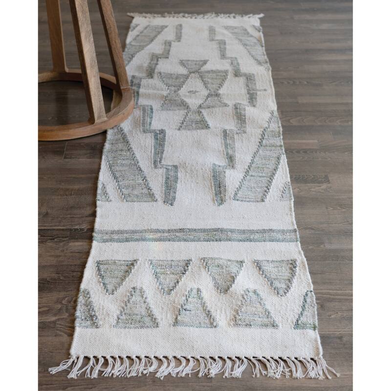 Hand-Woven Cotton & Wool Kilim Floor Runner, Variegated Green & Cream Color - 2' x 8'