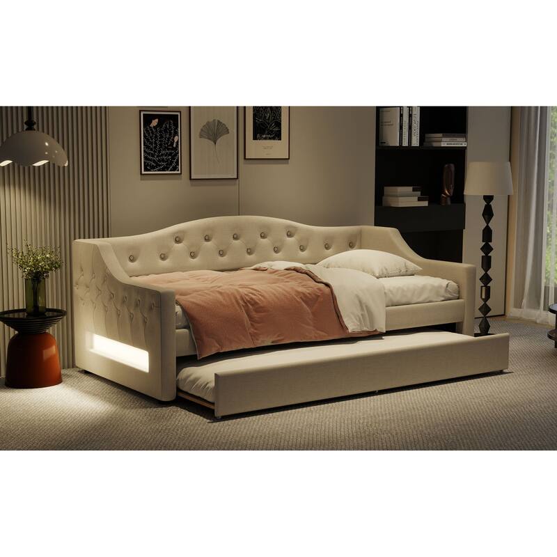 Twin XL Linen Upholstered Daybed with Color-Changing LED Lights and Space-Saving Trundle, Sturdy Frame