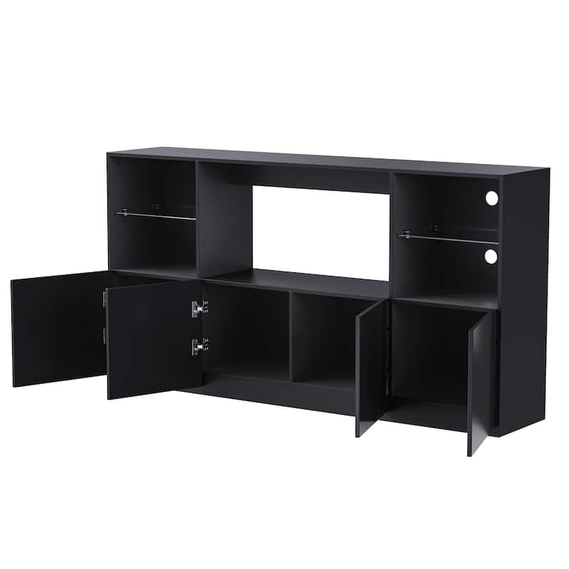 Black 67" TV Stand with LED Lights, Large Storage Cabinet and Tempered Glass Shelves for TVs Up to 75"