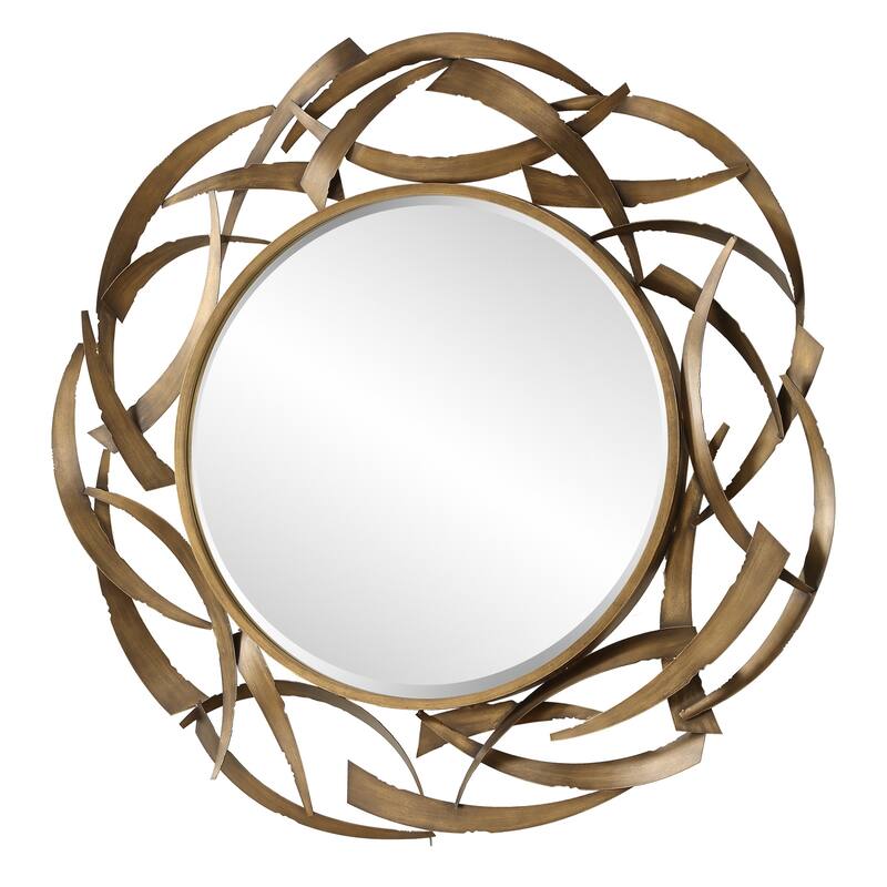 Jagged Crescent Framed Round Wall Mirror - 55" - Antique Bronze Finished