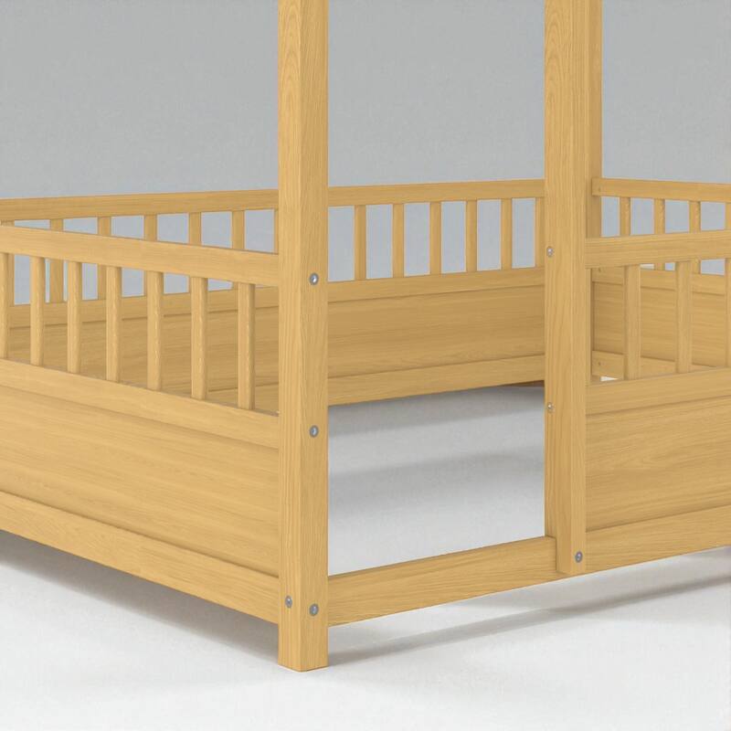 Twin/Full Size Floor House Bed with Fence Guardrails and Roof Frame, Montessori Wooden Platform Design
