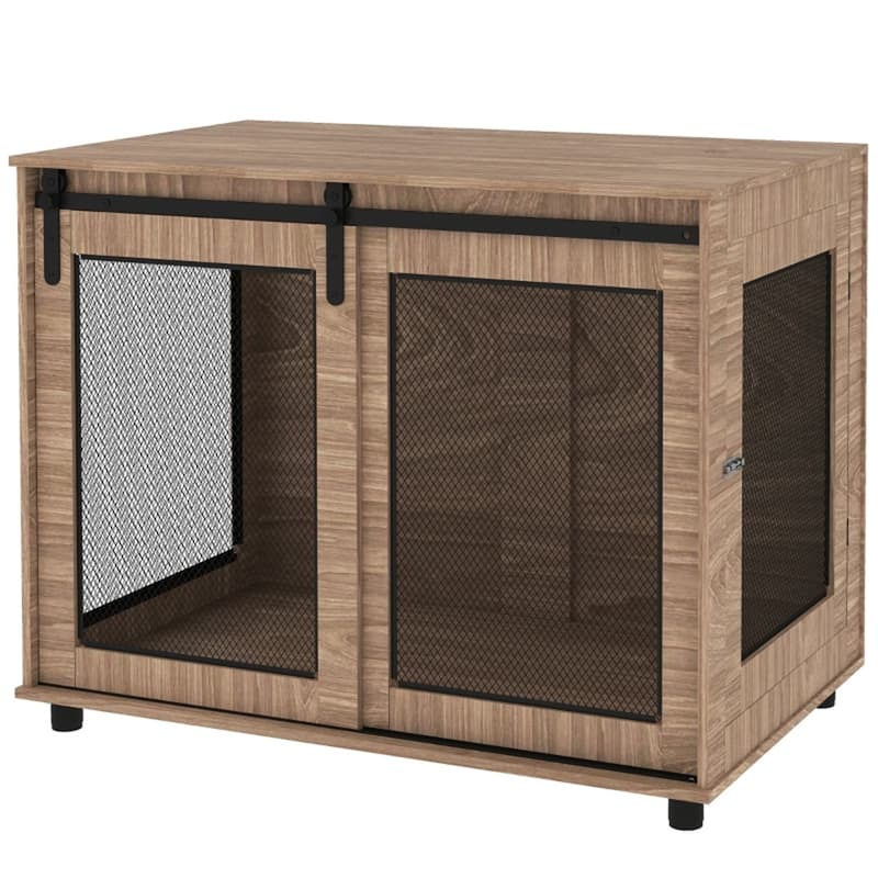 Walnut Brown Dog Crate Furniture with Barn Door Side Door Fine Mesh and Adjustable Feet