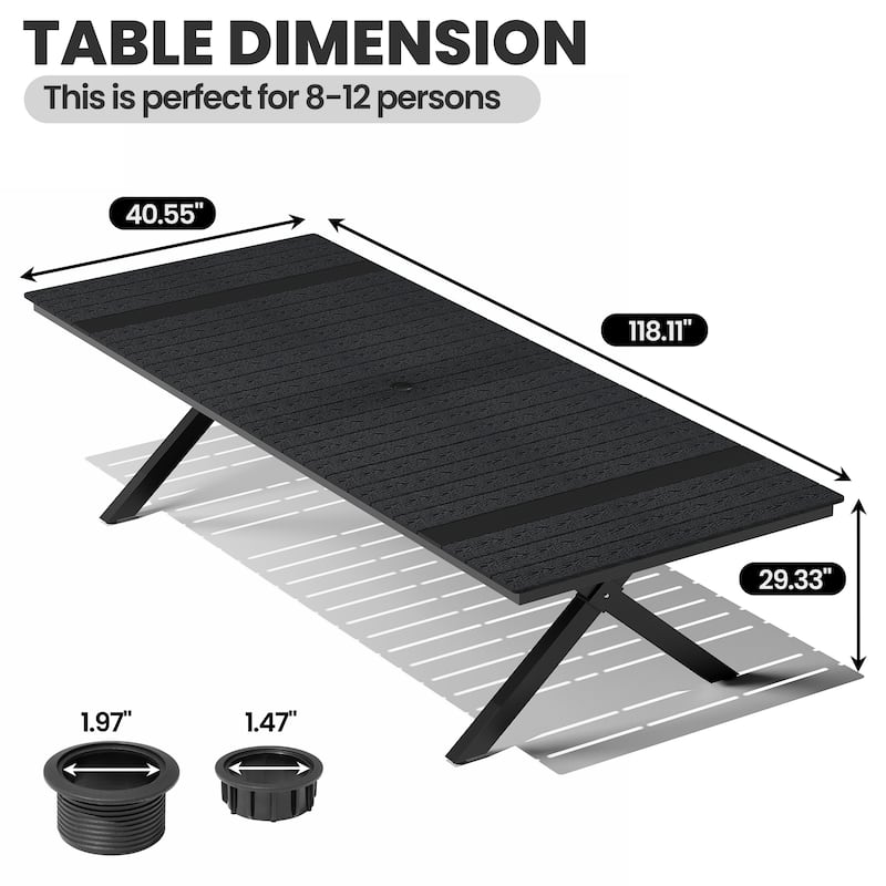 Outdoor Aluminum Dining Table Rectangular Table with Umbrella Hole for 10-12 Person