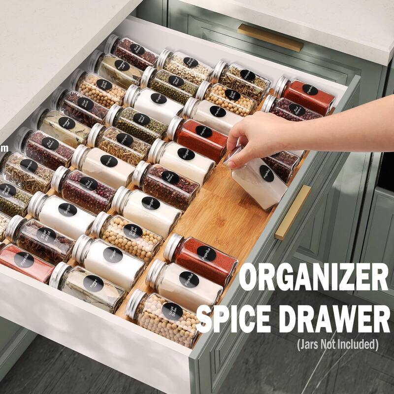Bamboo Spice Drawer Organizer,4 Tier In Drawer Spices Rack Expandable From 13"to26",Stackable Seasoning Storage Organizer Insert
