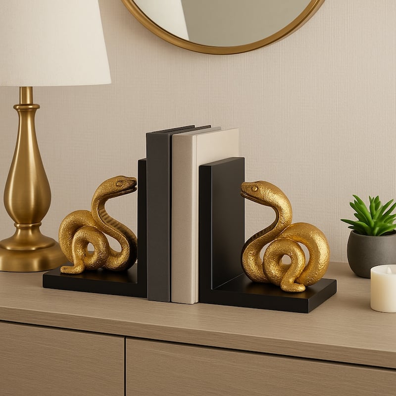 Modern Resin Snake Bookends on L-Shape Base - 6", Black & Gold - 5.75"