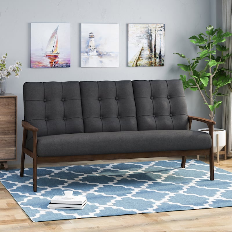 Grey 65.6'' Mid-Century 3-Seater Sofa with Waffle Stitching, Rubberwood Legs, and Accent Design