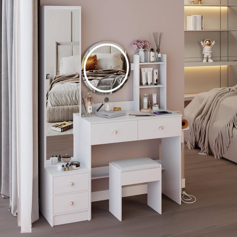 Full Body Mirror Cabinet + Round Mirror LED Vanity Table + Cushioned Stool, With 2 AC + 2 USB Power Station