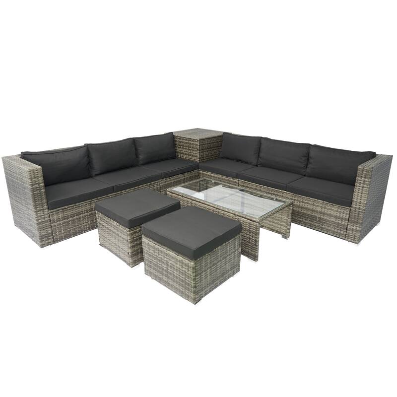 Outdoor PE Wicker Patio Conversation Furniture Set 8 Piece Rattan Sectional Couch Set with Storage Box and Glass Top Table - Black+Grey