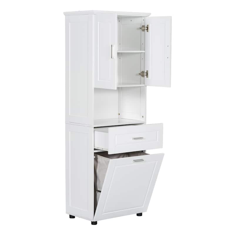 Tall Bathroom Cabinet with Tilt-Out Laundry Basket and Upper Storage Cabinet