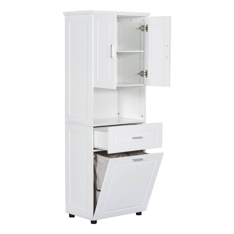 Tall Bathroom Linen Tower with Cabinet, Drawer and Hamper
