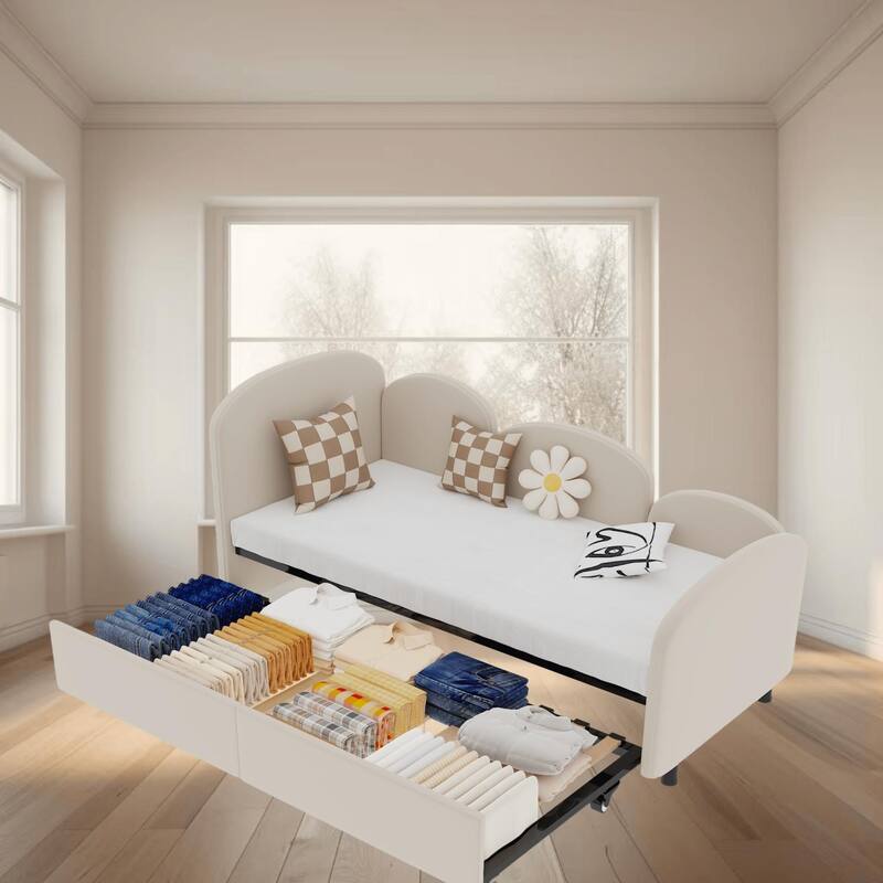 Twin Size Velvet Upholstered Daybed, Platform Bed Frame with Flower Design, Trundle Ideal for Bedroom and Guest Room - Beige - Twin