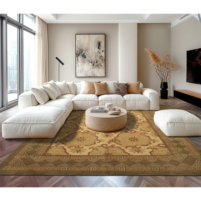 6x9 Tibetano Hand Knotted Wool & Silk Beige Tibetan Transitional Patterned Rug - 6' x 9' - 6'  x 9'