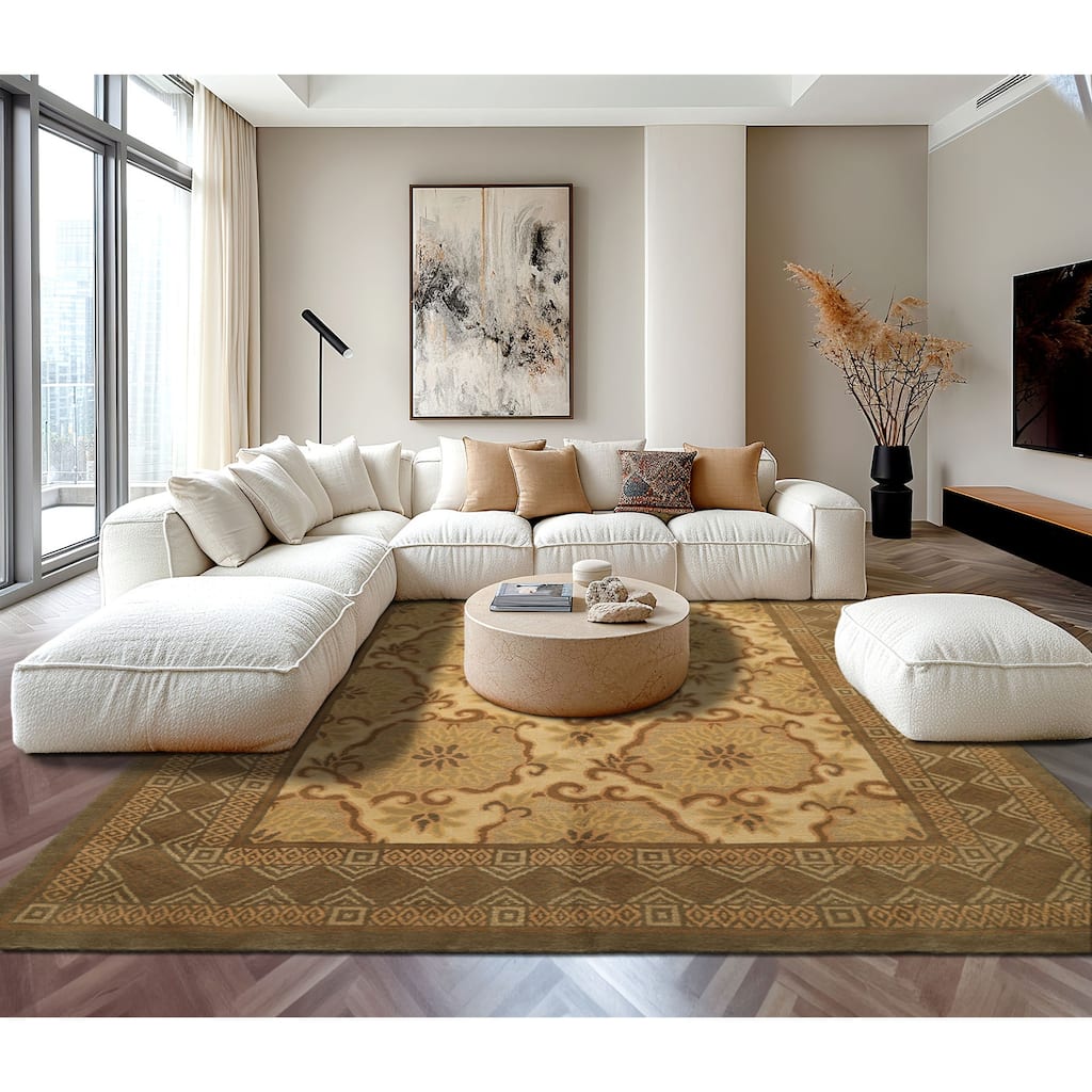 6x9 Tibetano Hand Knotted Wool & Silk Beige Tibetan Transitional Patterned Rug - 6' x 9'