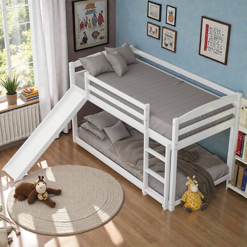 Twin over Twin Wooden Bunk Bed with Slide and Ladder, Convertible Design, Low Bunk Frame for Kids, Solid Pine & MDF