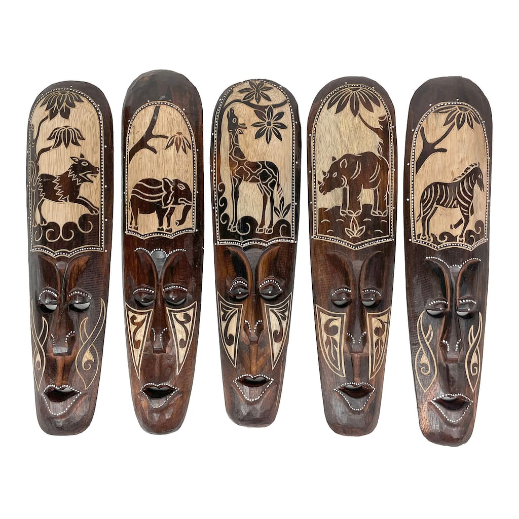 Zeckos 20In African Animal Hand Carved Wood Wall Masks (Set Of 5)
