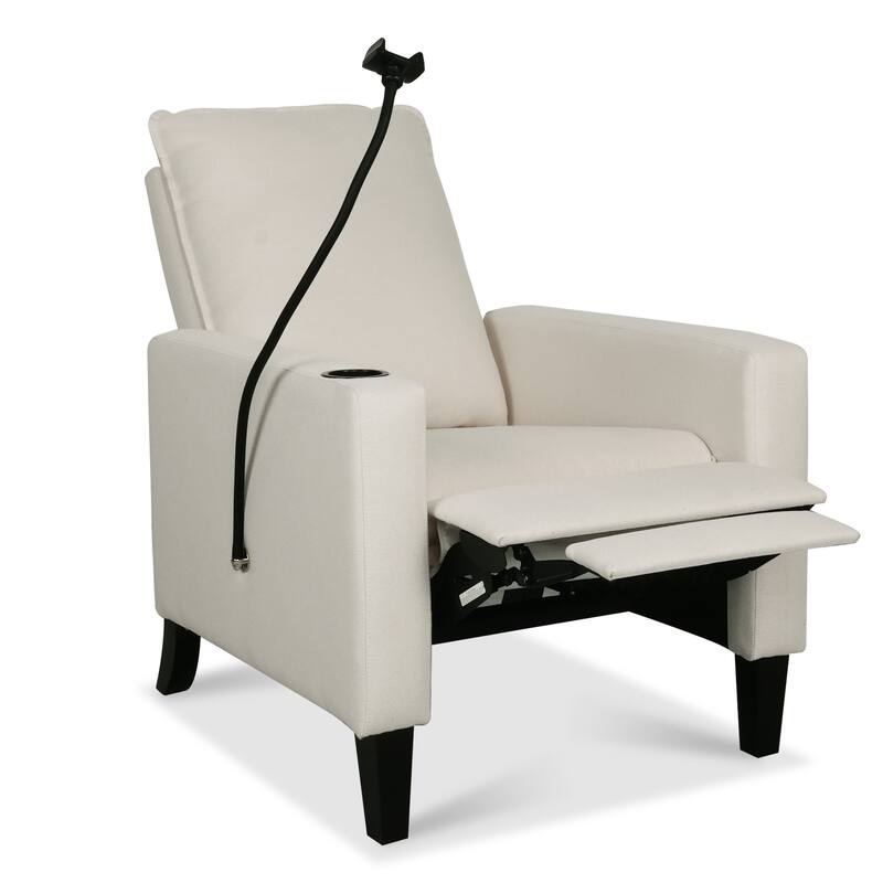 Beige Modern Fabric Manual Adjustable Recliner Chair with Mobile Phone Holder, Cup Holder, and Footrest