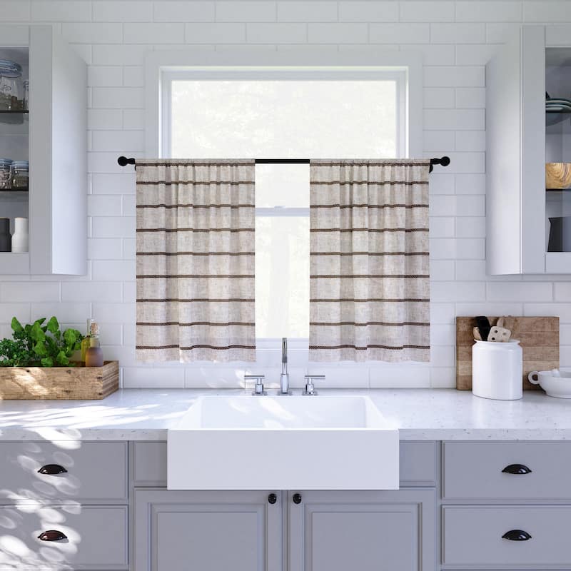 Clean Window Twill Stripe Anti-Dust Linen Blend Sheer Cafe Curtain Pair - Mocha/Linen - 52" x 36"