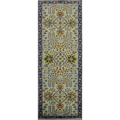 Hand Knotted Oriental 100% Wool Carpet Traditional All-Over Green Ziegler Runner Rug - 7' 11'' X 2' 6''