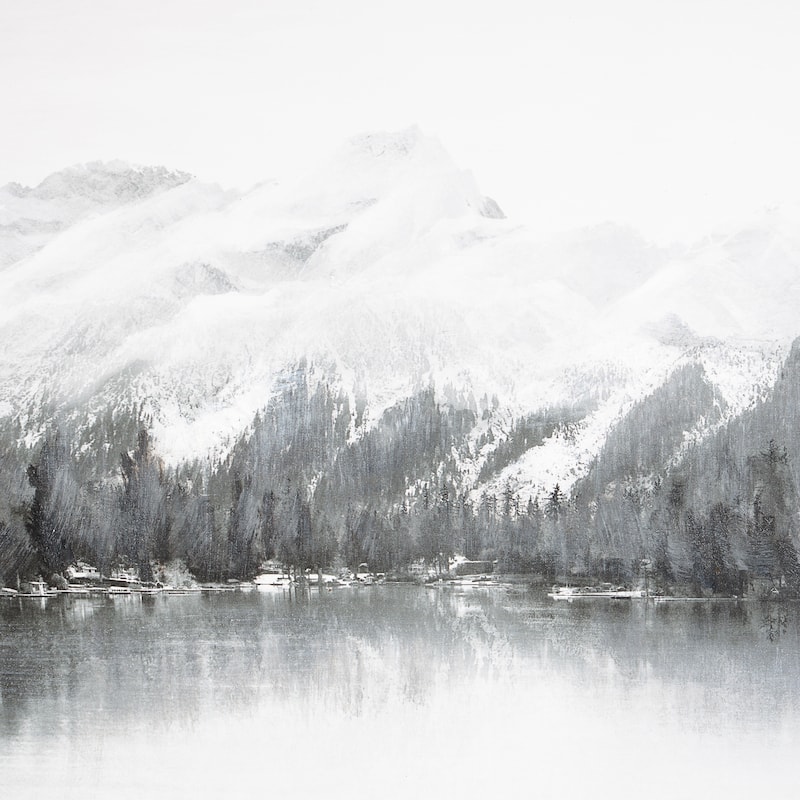 Gray Canvas Neutral Toned Lake Landscape Framed Wall Art with Black Frame