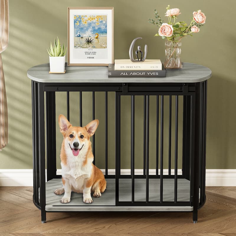 31.5" Furniture Style Dog Crate, Modern Dog Crate End Table with Double-Doors - Gray