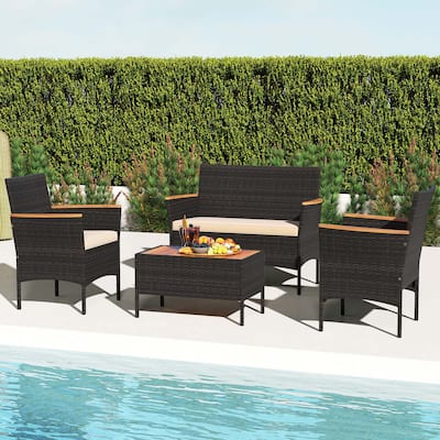 Costway 4 PCS Patio Wicker Sofa Set with Coffee Table Acacia Wood - See Details