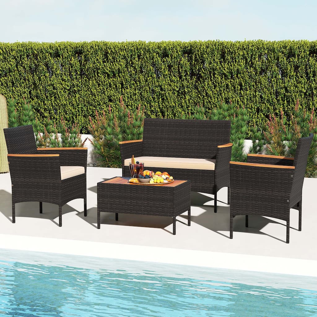 Costway 4 PCS Patio Wicker Sofa Set with Coffee Table Acacia Wood - See Details