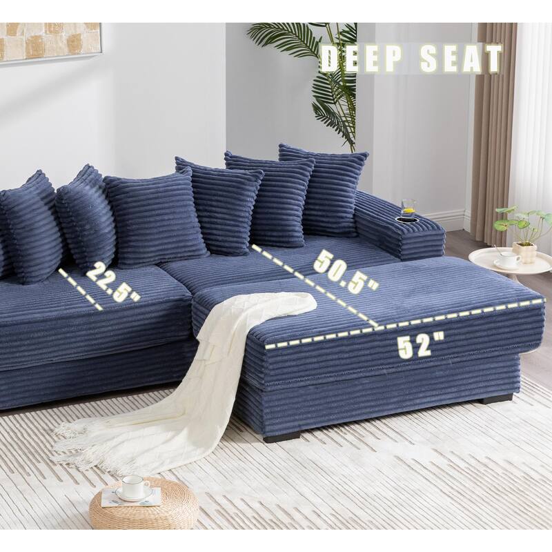 110.75" Corduroy Sectional Sofa, Convertible Sleeper Sofa Bed L-Shaped Upholstered Couch with Removable Footstool, Cup Holder