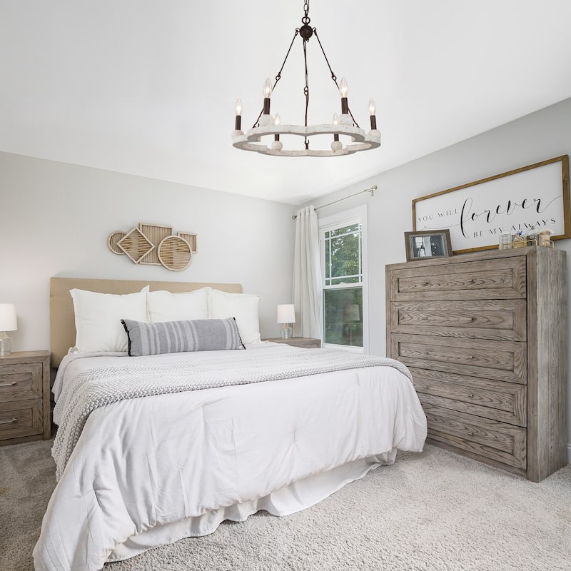 Farmhouse Wood Candle Chandelier 6-Light French Country Wagon Wheel Coastal Dining Room Pendant Light