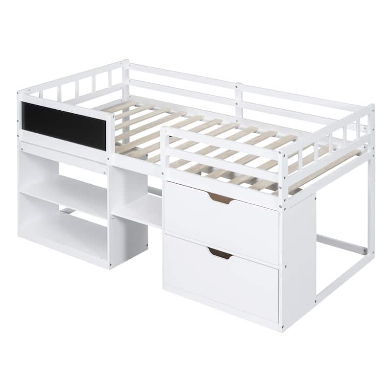 Twin Size Low Loft Bed with Rolling Desk, Shelf and Drawers - Espresso