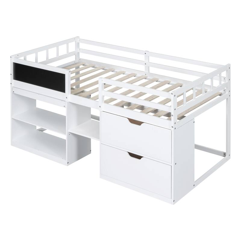 Twin Size Low Loft Bed with Rolling Desk, Storage Drawers, and Shelf