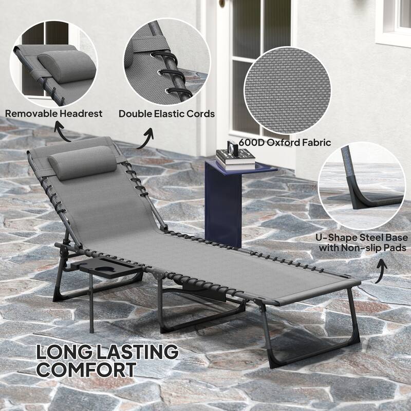 Outsunny Folding Chaise Lounge Chair Outdoor Tanning Chair with Side Table, 5-Level Adjustable Beach Lounge Chair with Headrest