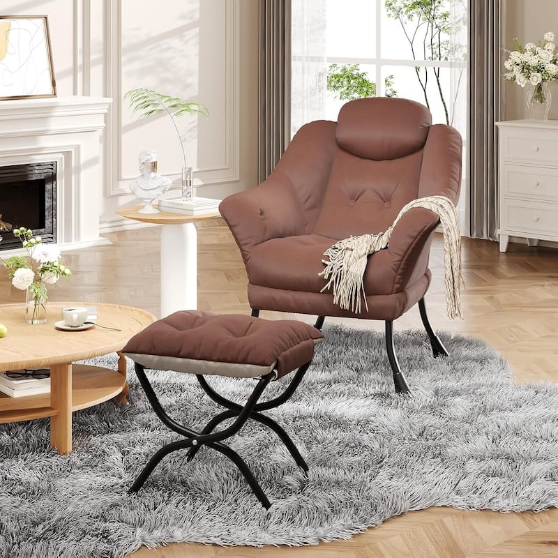 Modern Accent Comfy Lazy Sofa Chair with Ottoman for Bedroom or Living Room - Brown