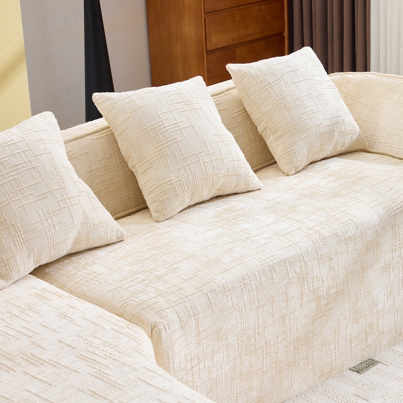 L-Shaped Sectional Sofa with Chaise Lounge, Chenille Upholstered 4 Seater Sofa, Compressed Sofa with Throw Pillows