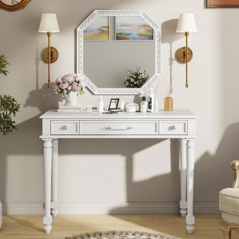 Retro Makeup Desk with Large Mirror, 3-Drawer Dressing Table
