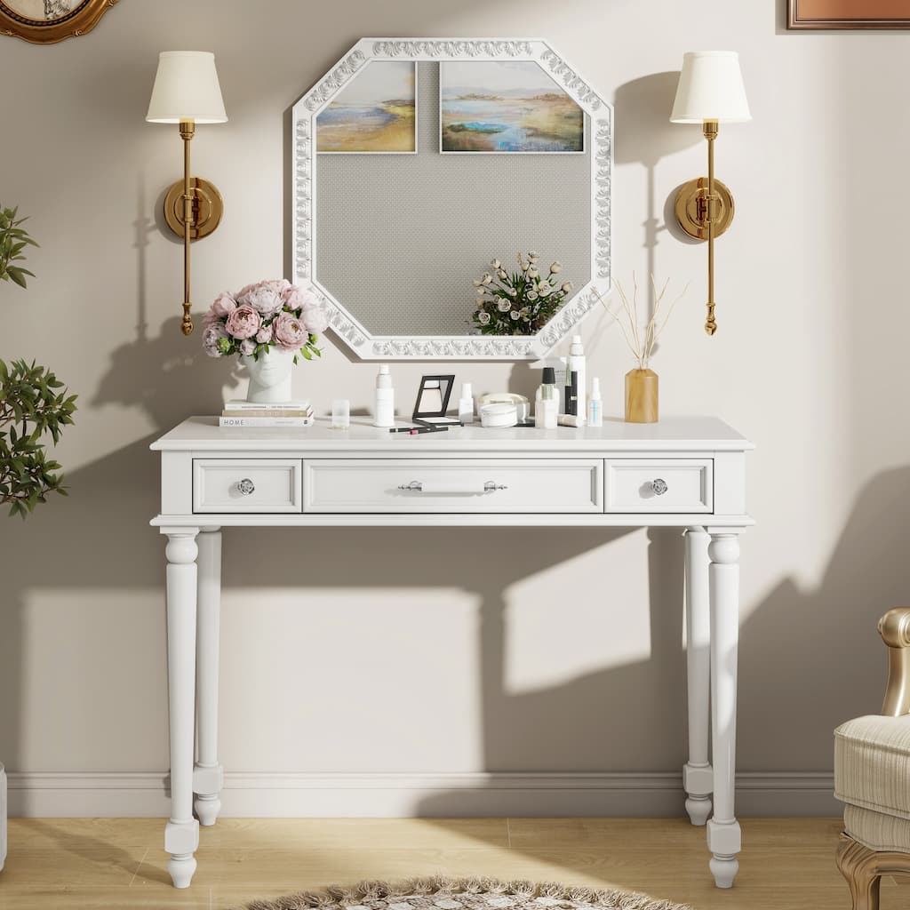 Retro Makeup Desk with Large Mirror, 3-Drawer Dressing Table