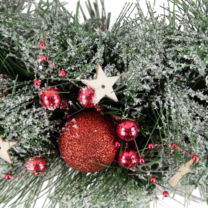 Red Ornaments Pine Needle and Stars Frosted Christmas Wreath 13.75-Inch - 13.75"