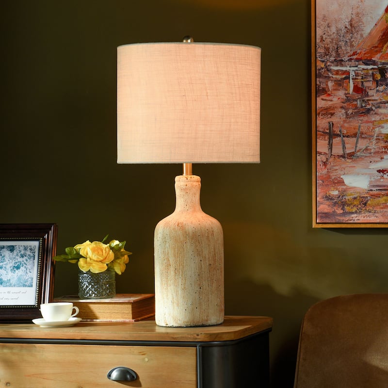 StyleCraft Olney Textured Concrete Table Lamp with Off-White Linen Drum Shade