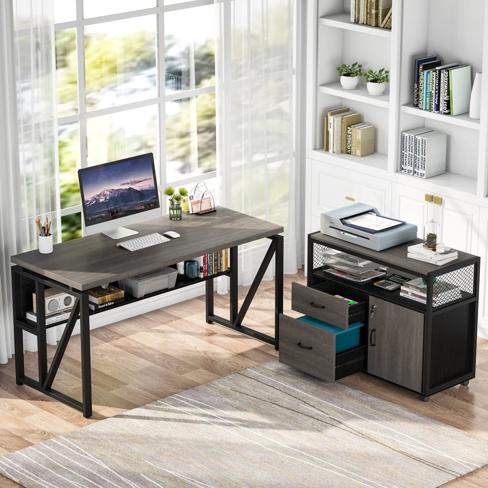 L Shaped Desk with Drawer, Executive Desk and lateral File Cabinet, 2 Piece Home Office Furniture