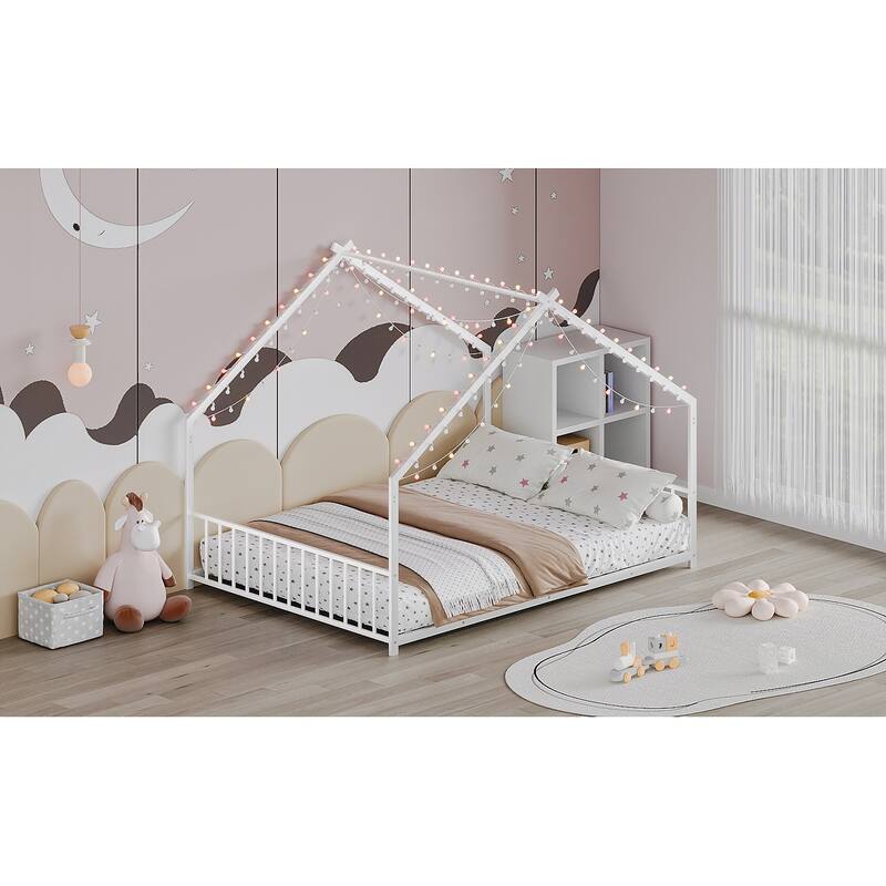 Full size children's bed frame with LED light strips, roof-shaped iron frame bed, White