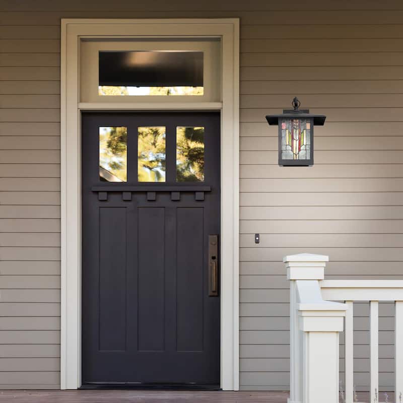 River of Goods Prairrie Style Stained Glass Black 1-Light Outdoor Lantern Wall Sconce - 10.75" x 9" x 11.75"