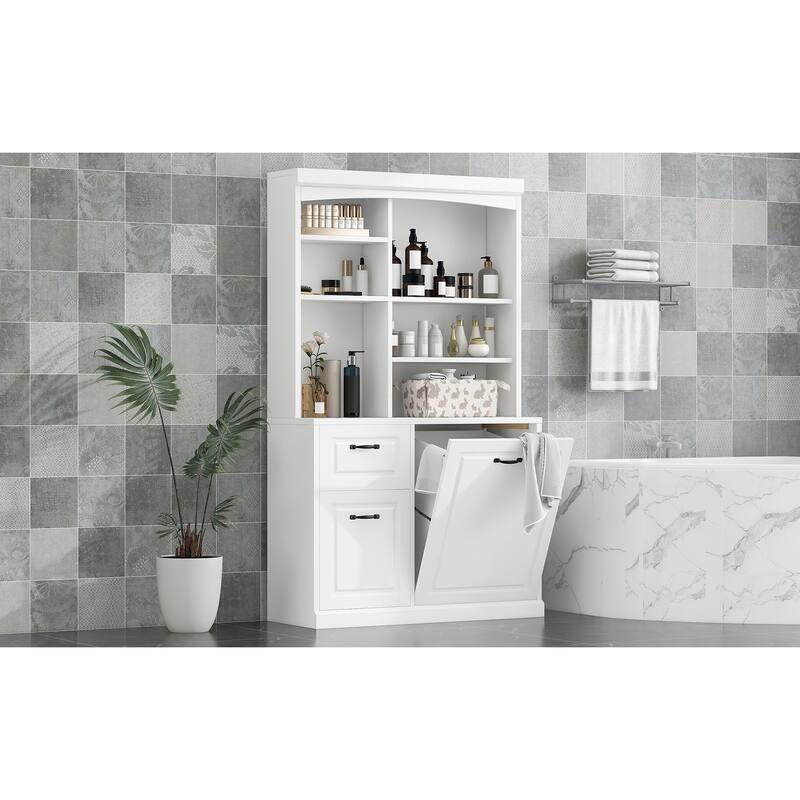 White MDF Tall Bathroom Cabinet with Tilt-Out Hamper and Adjustable Shelves - 39.3” W × 16.50” D × 70.9” H