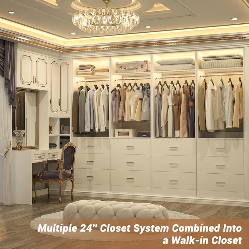 Kyrvo Freestanding Closet Sytem with 3 Wooden Drawers and Hanging Rod and Storage Shelf, Walk-in Closet Organizer Wardrobe