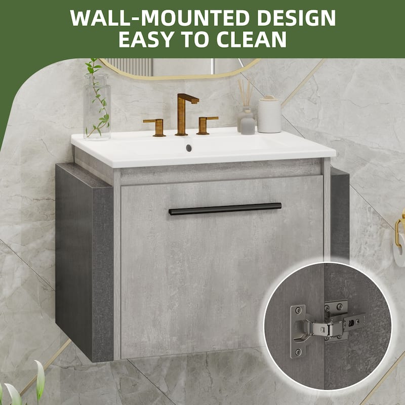 Moasis 22 Inch Wall Mounted Bathroom Vanity with Ceramic Sink and Soft Close Doors Grey