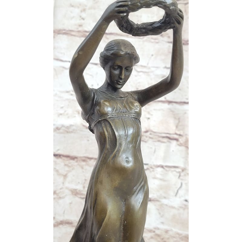 Greek Roman Art Sculpture Woman Holding Up Laurels Wreath Crown Bronze Figure Statue