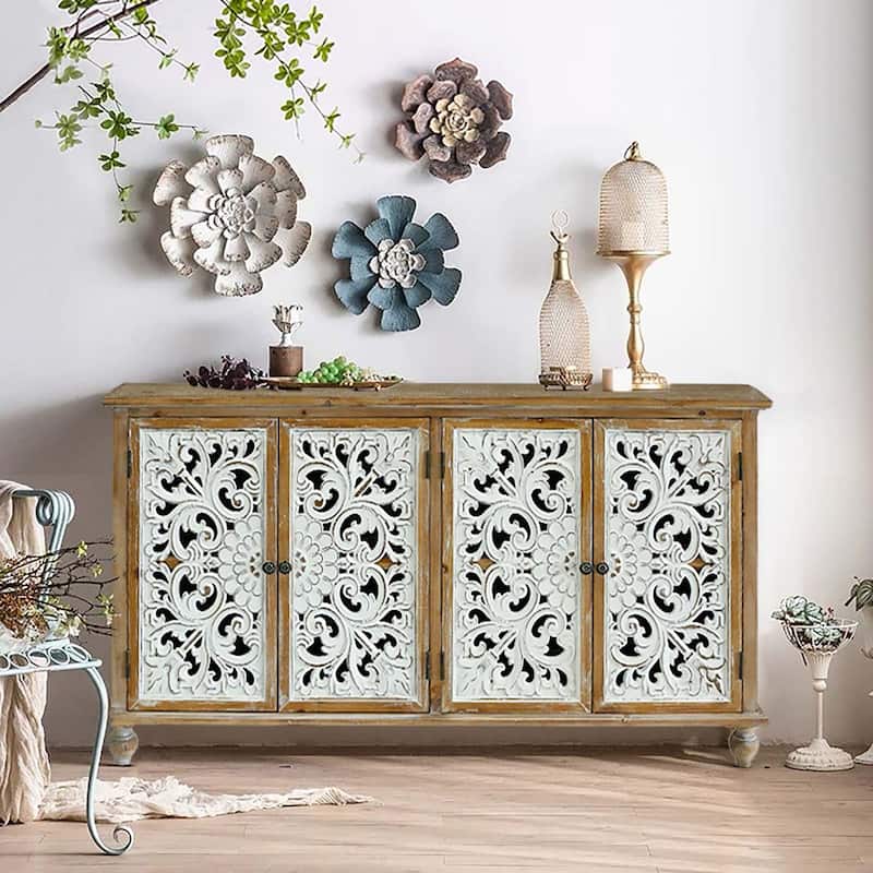 Accent Cabinet with 4 Doors, Sideboard Buffet Cabinet with Storage, Credenza Storage Cabinet with Wood Carved Floral Doors - Antique Natural