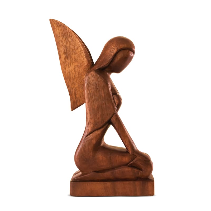12" Wooden Handmade Abstract Sculpture Statue Handcrafted "Kneeling Angel" Gift Home Decor Figurine Accent Artwork Hand Carved