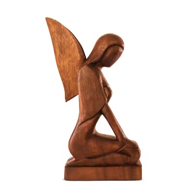 12" Wooden Handmade Abstract Sculpture Statue Handcrafted "Kneeling Angel" Gift Home Decor Figurine Accent Artwork Hand Carved