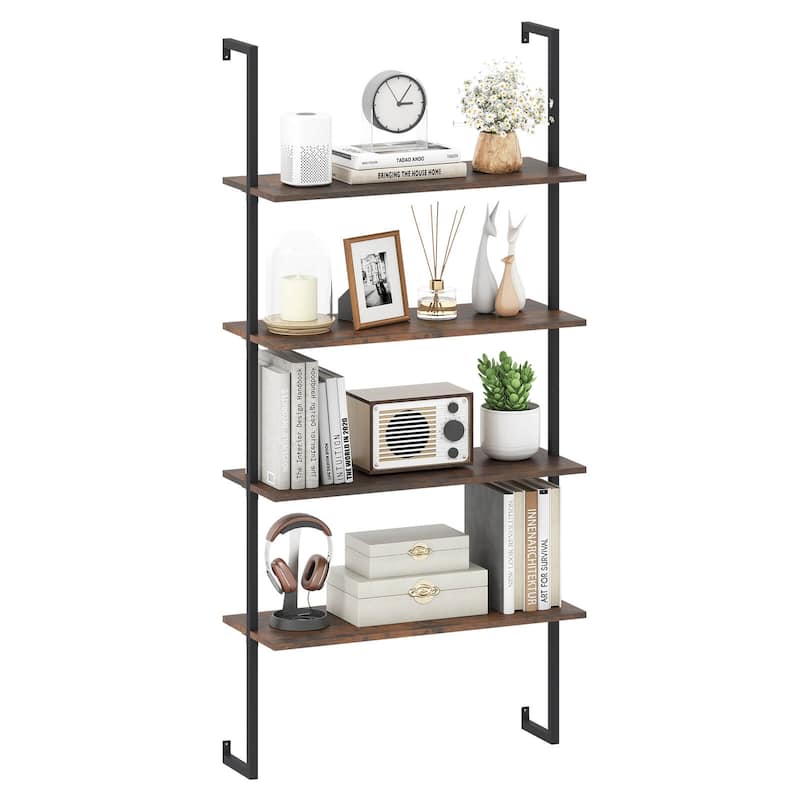 Costway 4-Tier Ladder Shelf Bookshelf Industrial Wall Shelf w/Metal - 30'' x 12'' x 64'' - Coffee - 30'' x 12'' x 64''
